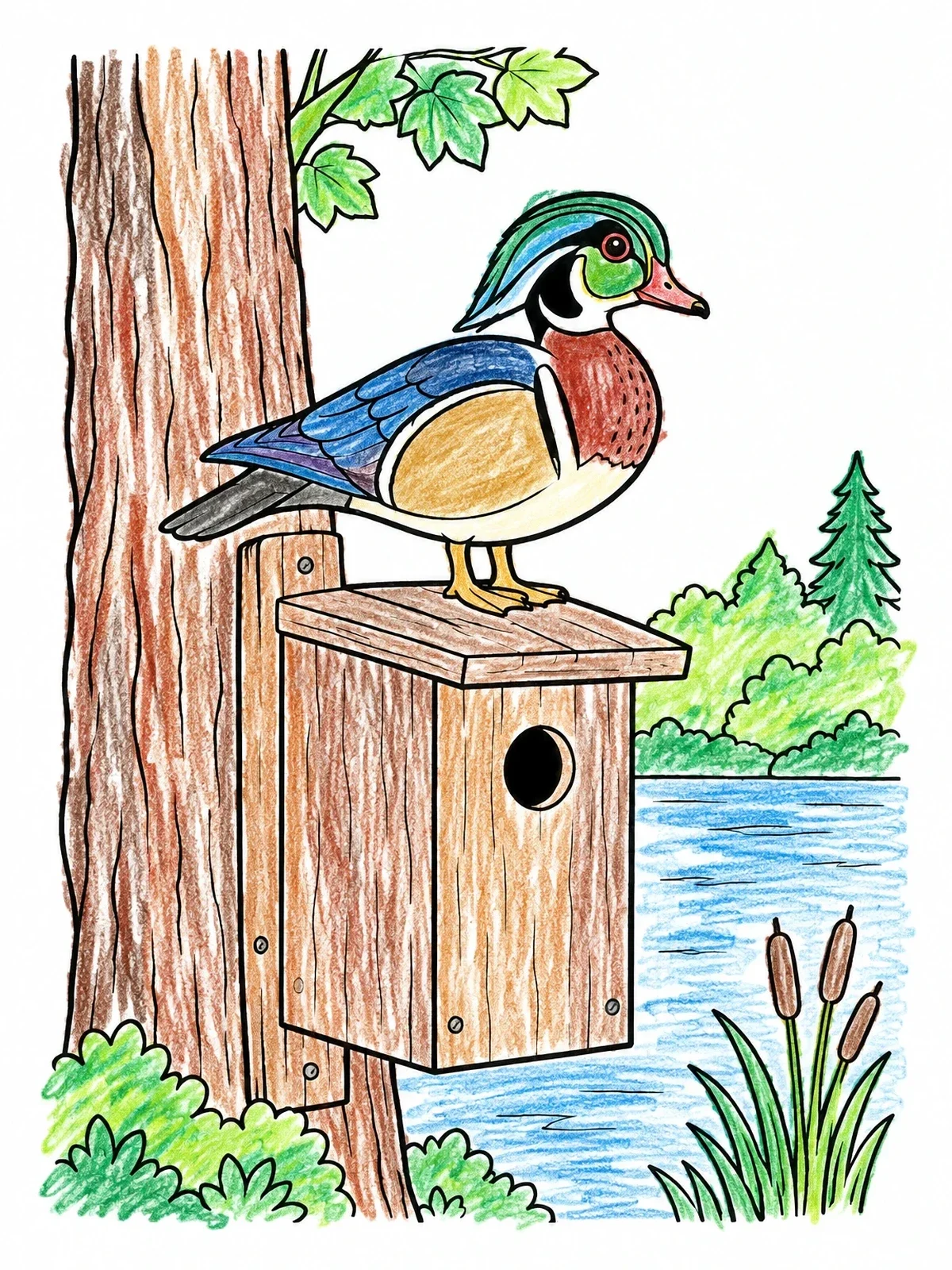 Colored example of the Wood Duck On Nesting Box coloring page