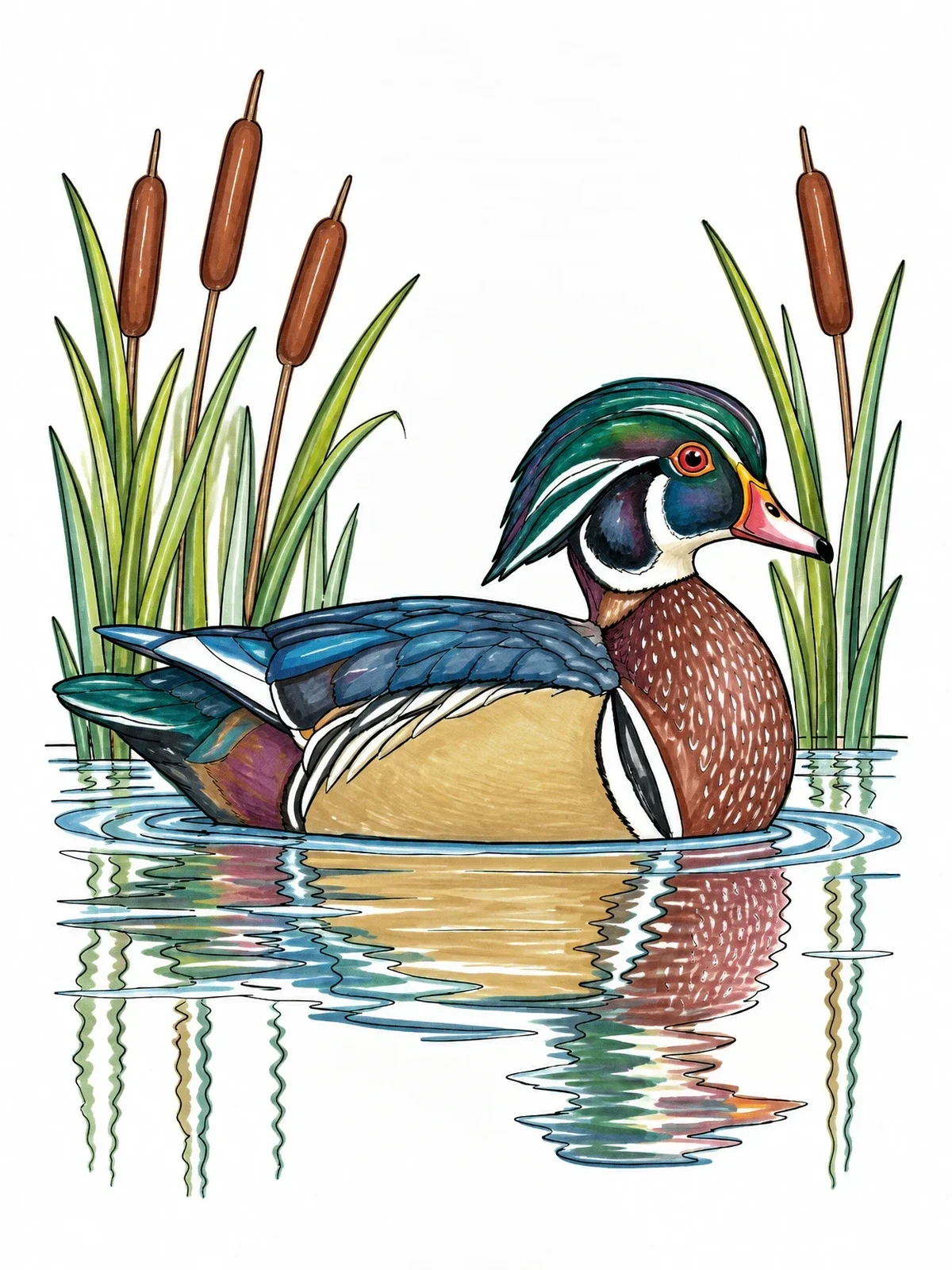 Colored example of the Wood Duck Floating On Wetland Water coloring page