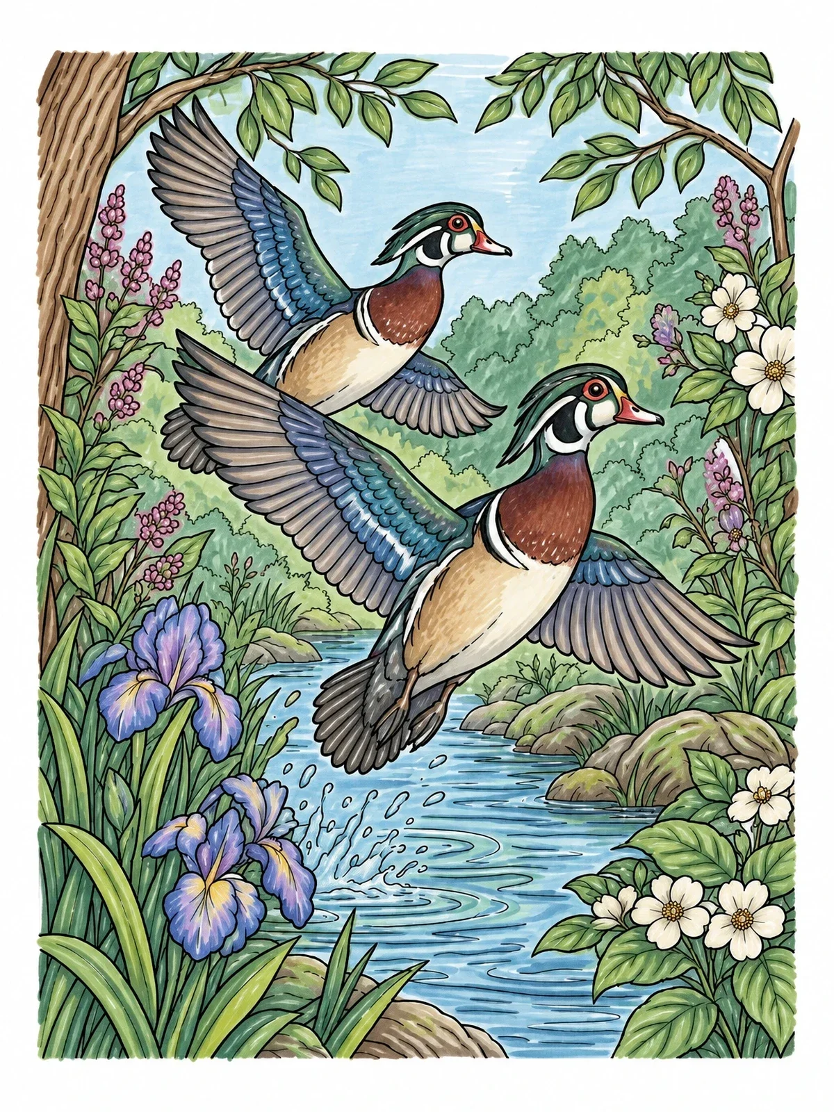 Colored example of the Wood Ducks Flying Over Stream coloring page