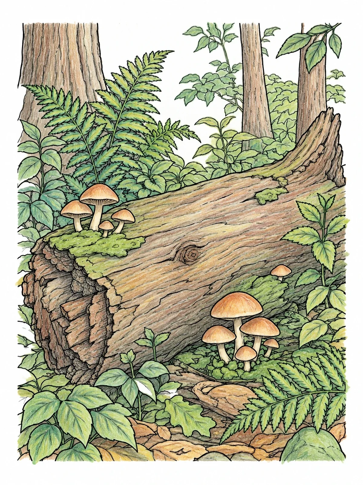 Colored example of the Fallen Forest Log With Mushrooms coloring page