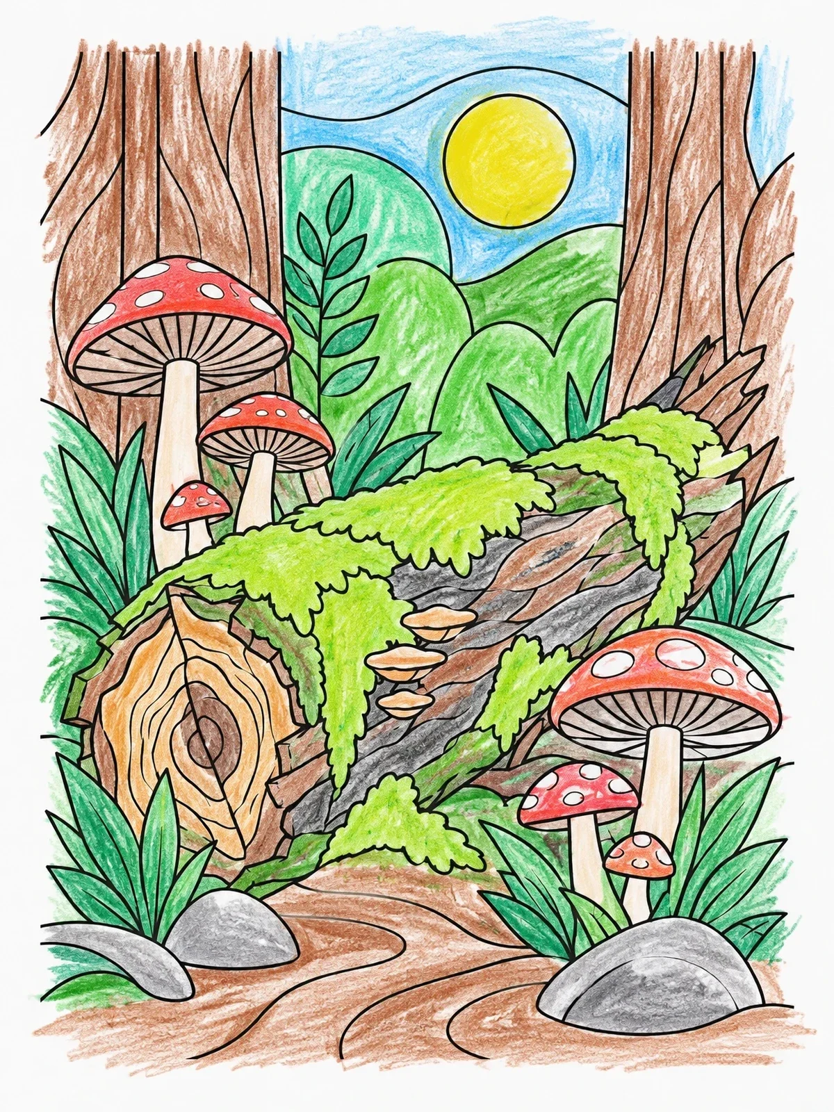 Colored example of the Fallen Mossy Log With Forest Mushrooms coloring page