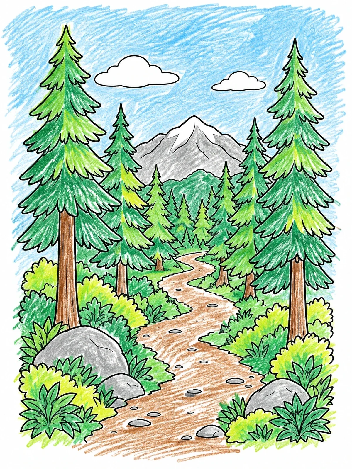 Colored example of the Pine Forest Mountain Trail coloring page