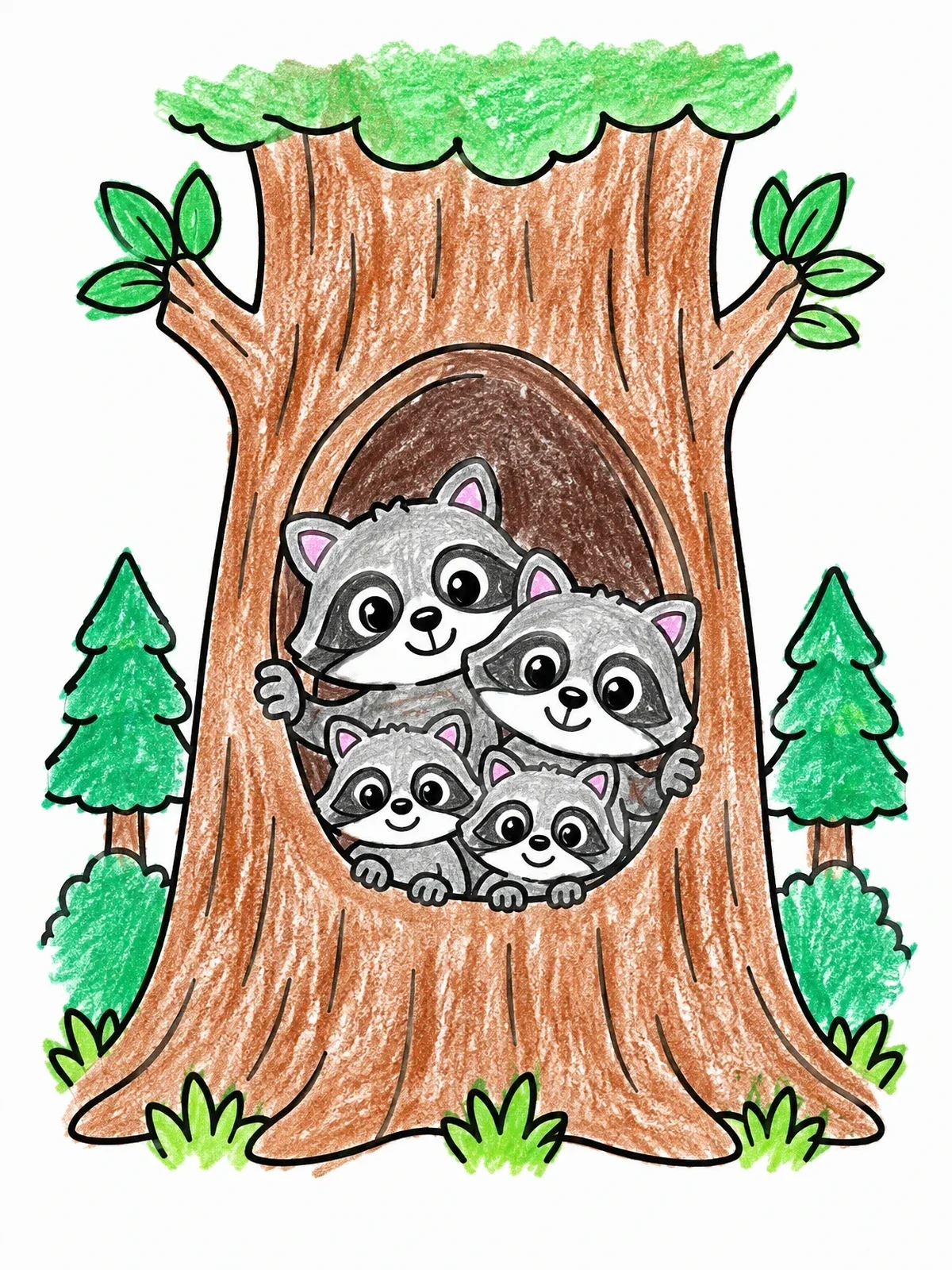 Colored example of the Raccoon Family In Hollow Tree coloring page