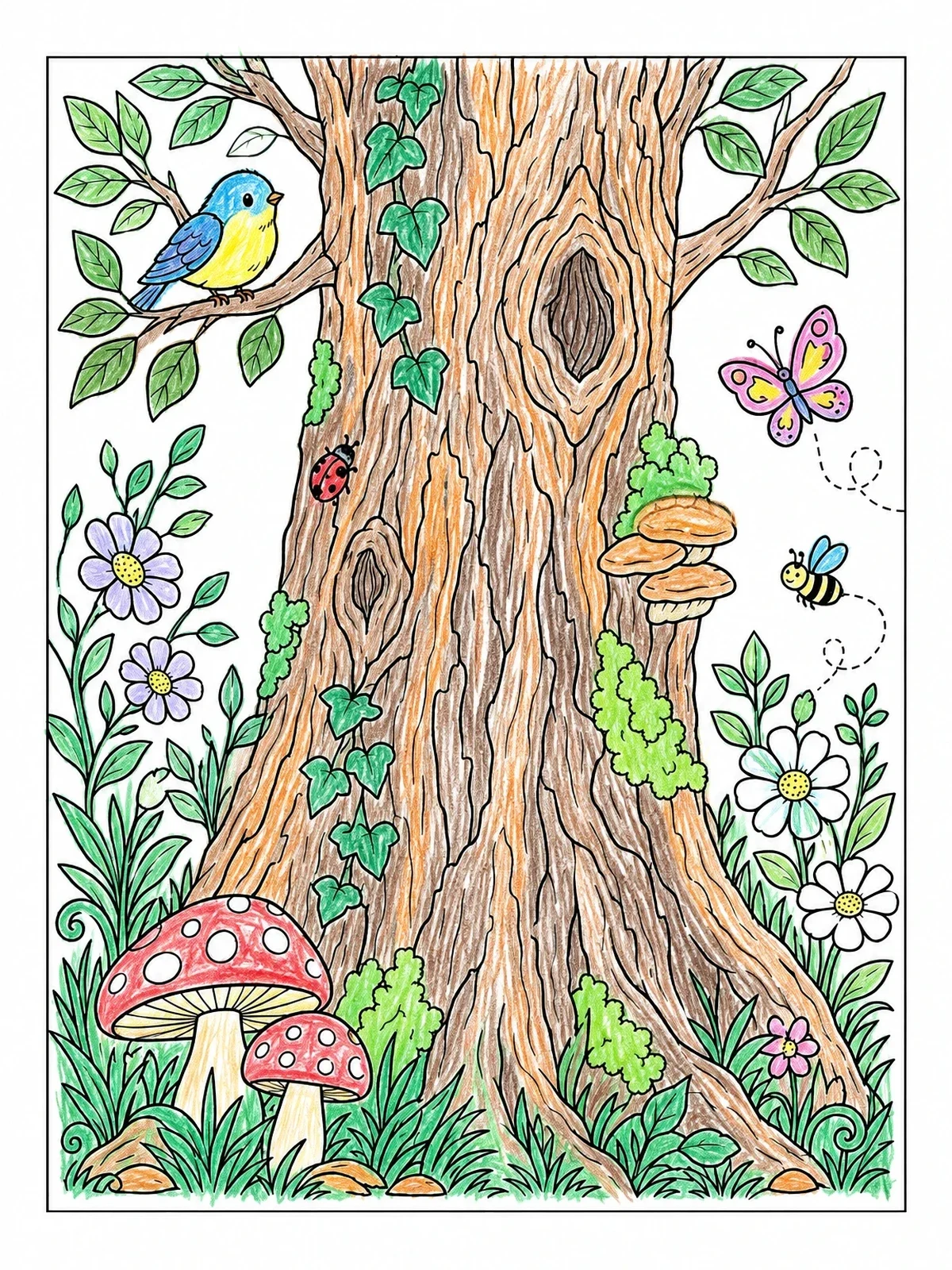 Colored example of the Detailed Tree Trunk With Forest Friends coloring page