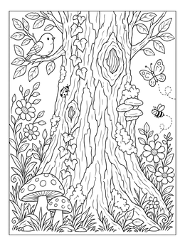 Free printable Detailed Tree Trunk With Forest Friends coloring page