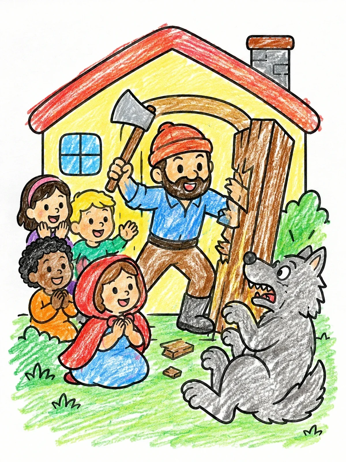 Colored example of the Woodcutter Rescuing Little Red Riding Hood coloring page