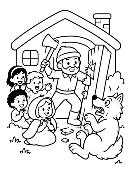 A brave woodcutter rescues children from a wolf in this little red riding hood coloring page.