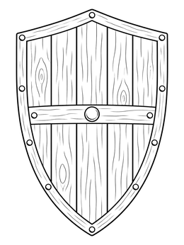 A sturdy wooden armor of god coloring page showing a medieval shield with metal rivets.