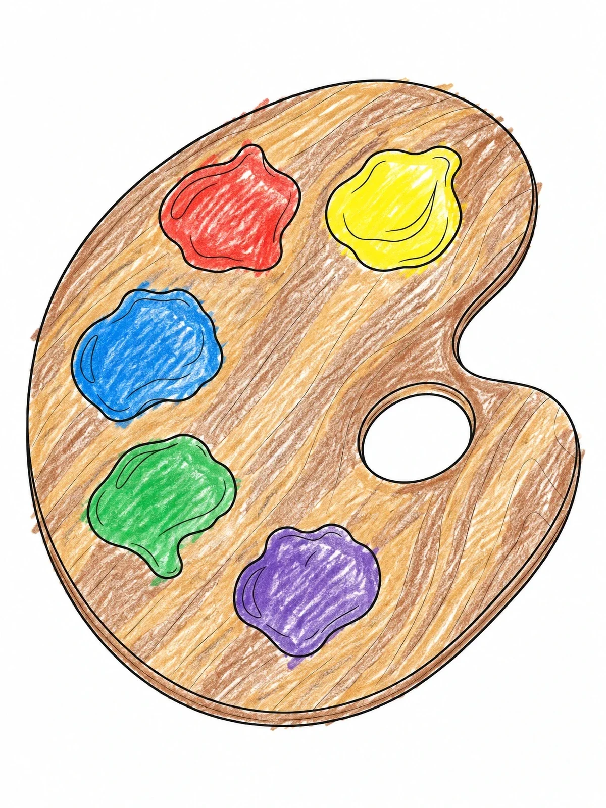 Colored example of the Classic Wooden Artist Paint Palette coloring page