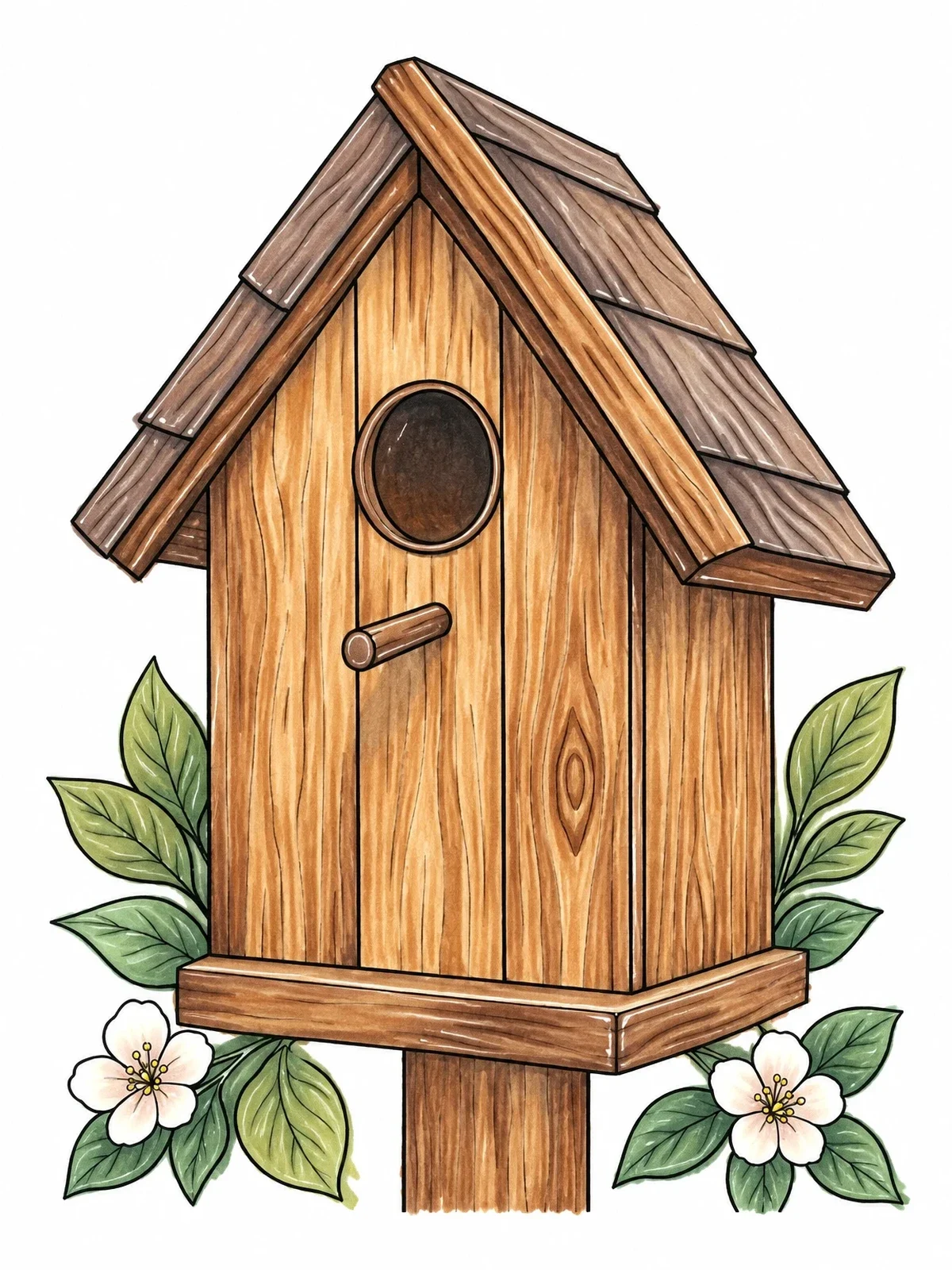 Colored example of the Classic Wooden Birdhouse With Flowers coloring page