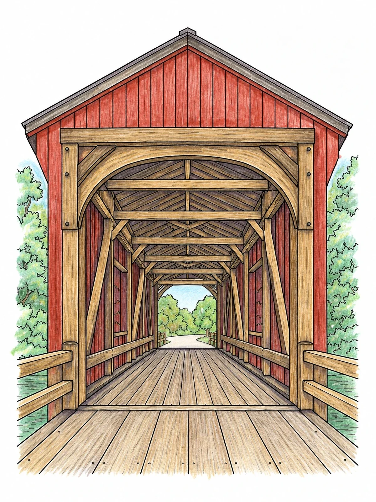 Colored example of the Rustic Wooden Covered Bridge Entrance coloring page