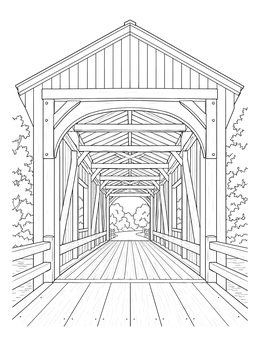 A detailed covered bridge coloring page showing the entrance and wooden plank interior.
