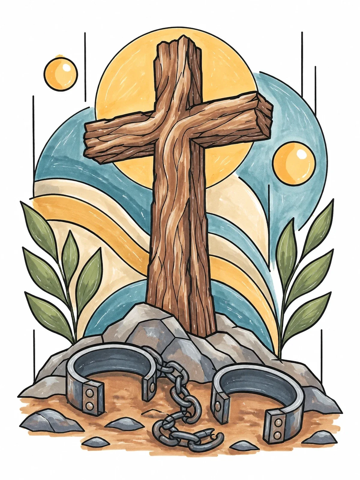 Colored example of the Wooden Cross And Broken Shackles coloring page