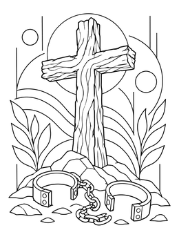 A freedom coloring page featuring broken shackles at the base of a wooden cross.