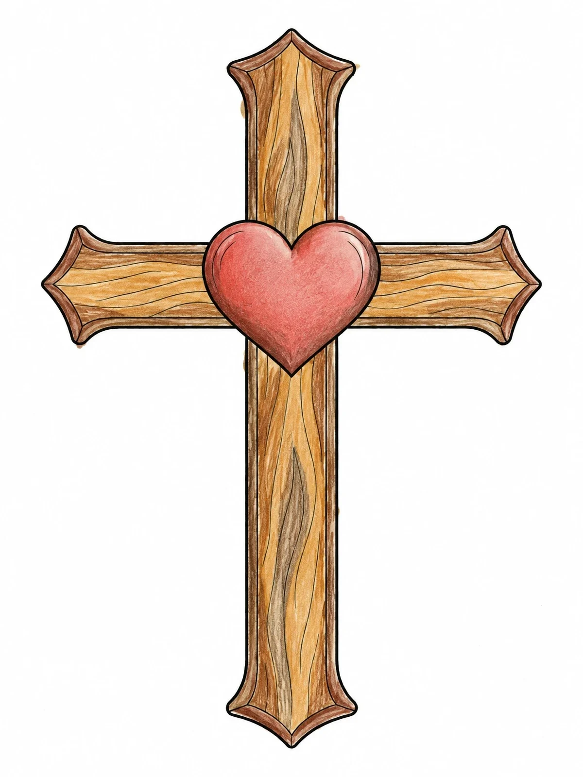 Colored example of the Wooden Cross With Centered Heart coloring page