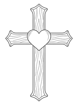 A decorative cross and heart coloring page featuring wood grain patterns.