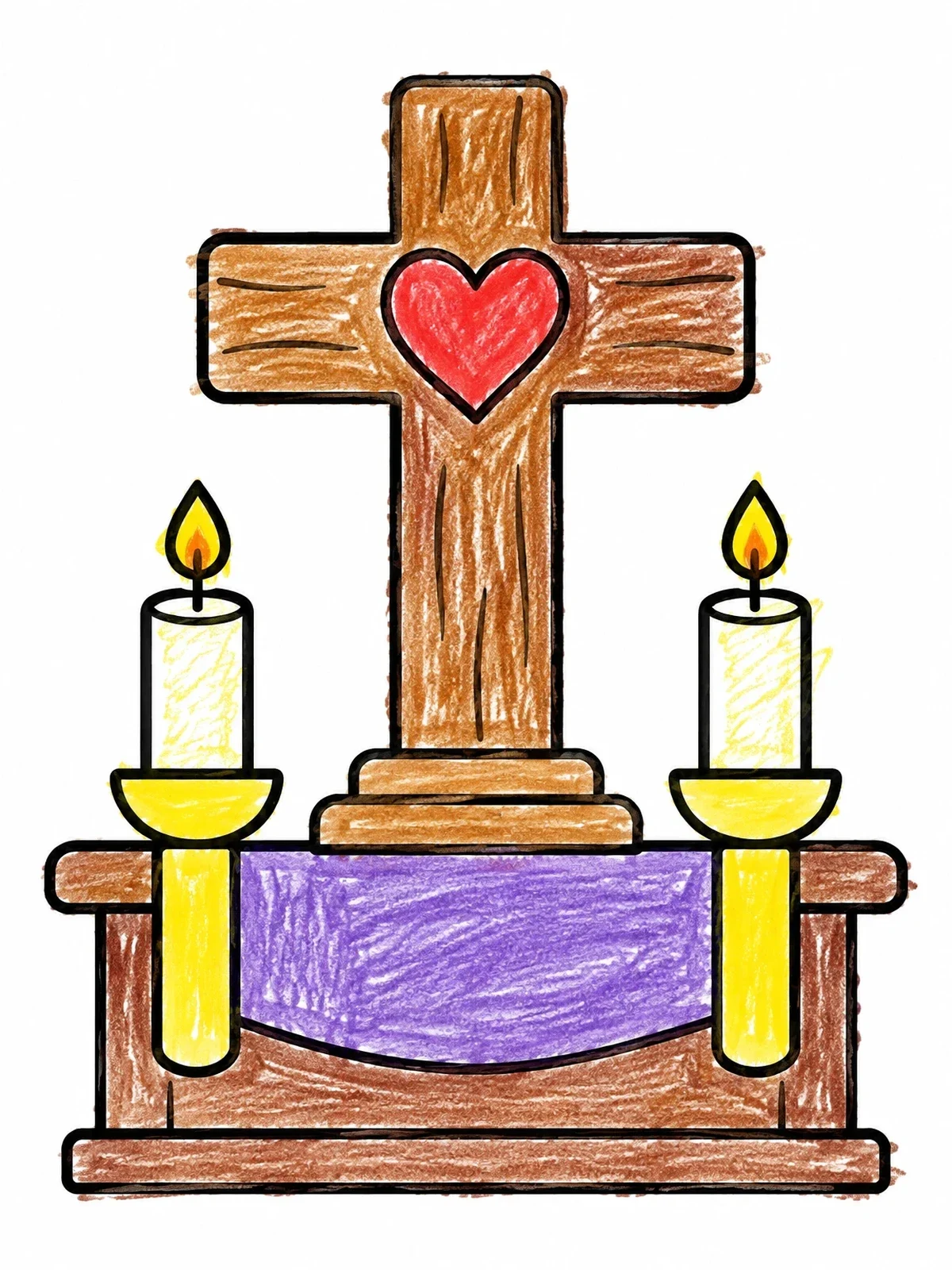 Colored example of the Wooden Cross And Heart On Altar coloring page