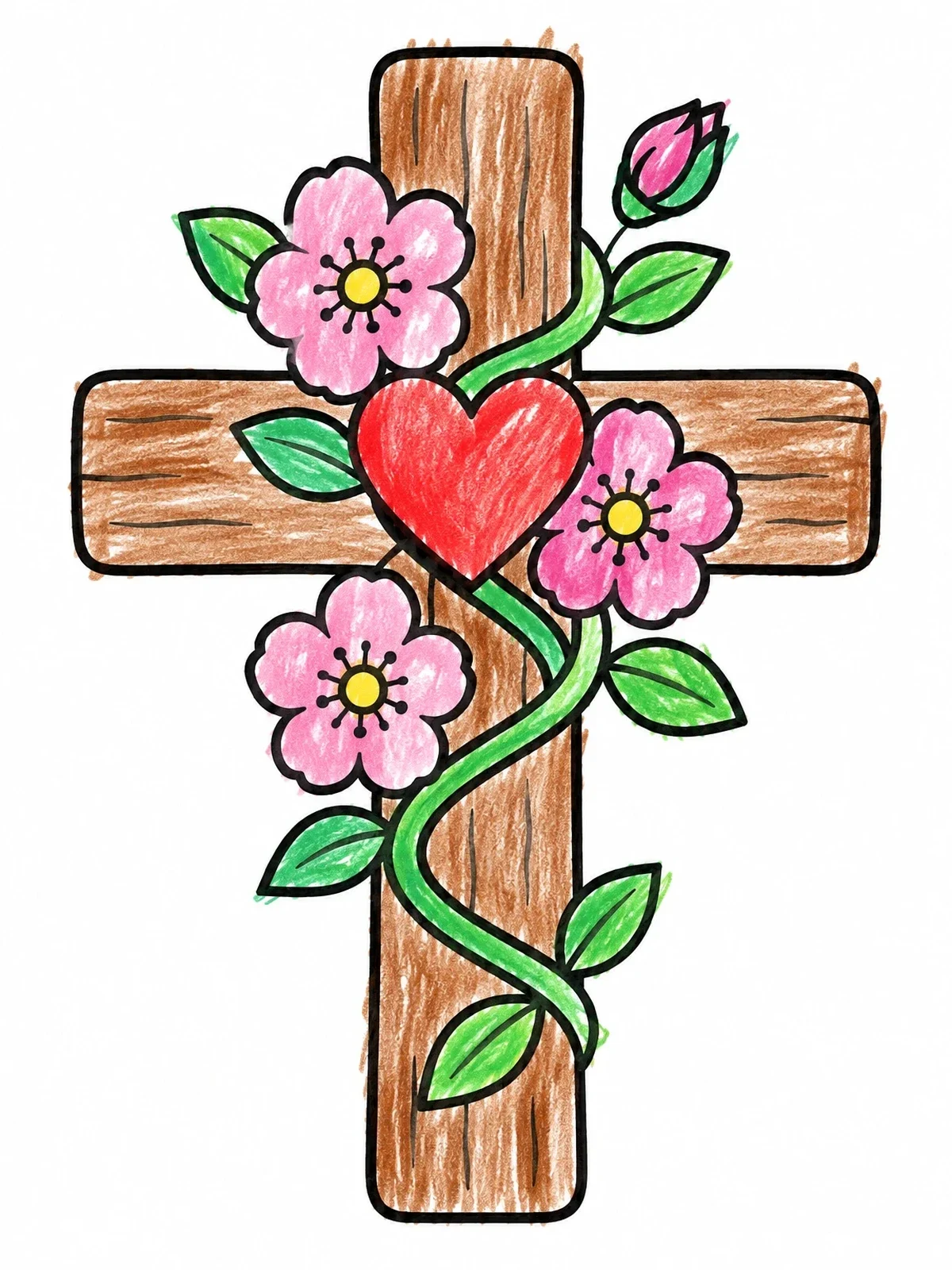 Colored example of the Wooden Cross With Heart And Flowers coloring page