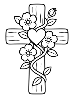 Free printable Wooden Cross With Heart And Flowers coloring page