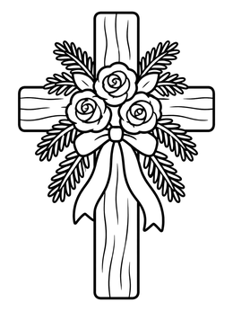Free printable Wooden Cross With Winter Roses coloring page