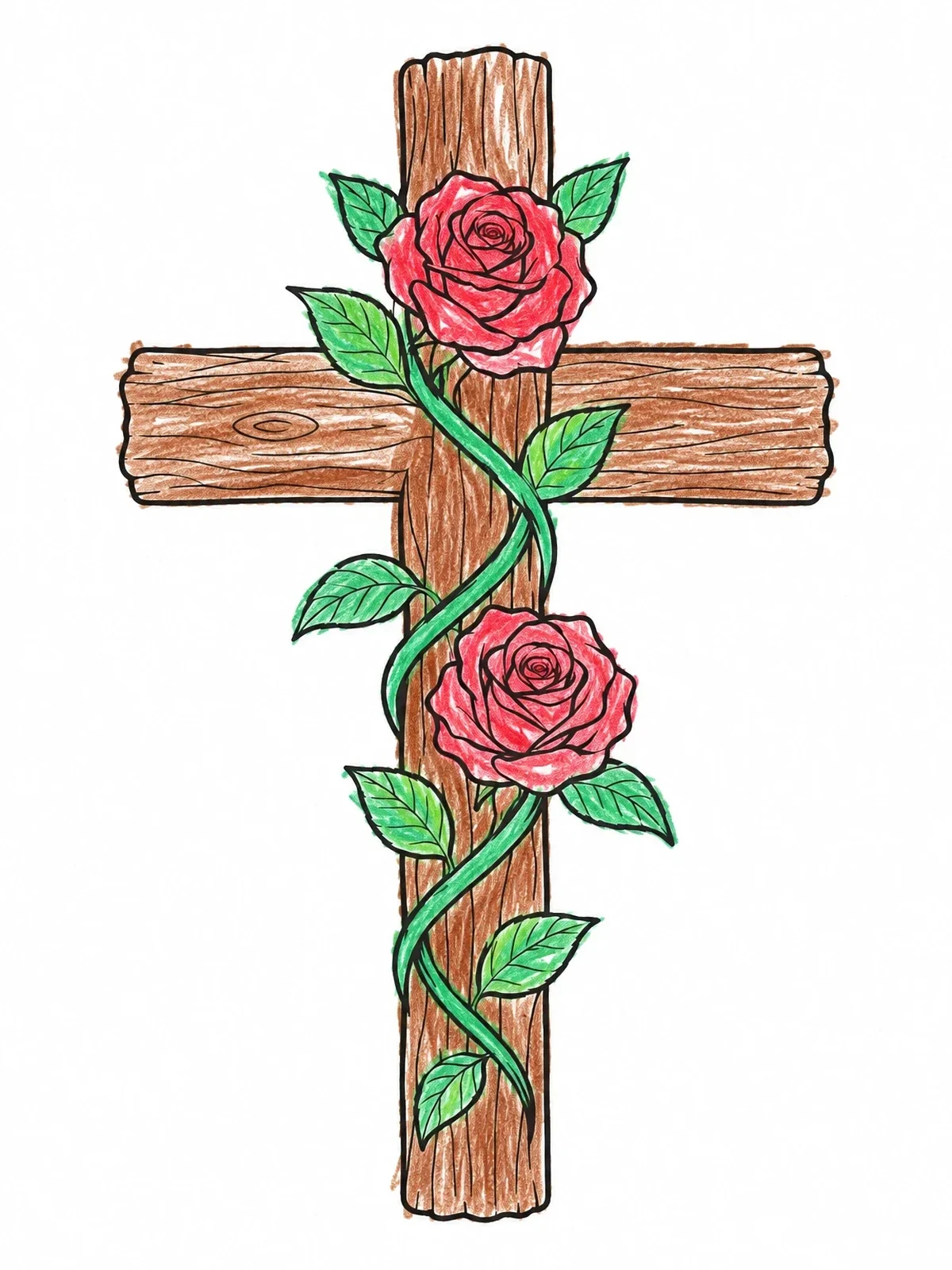 Colored example of the Wooden Cross Wrapped In Blooming Roses coloring page