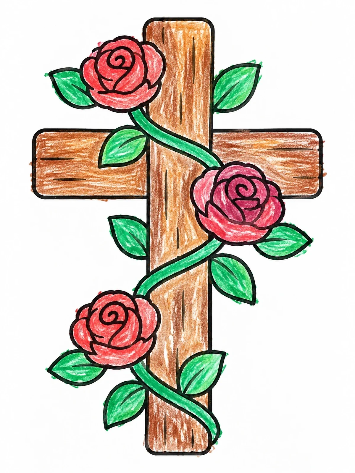 Colored example of the Wooden Cross Wrapped In Blooming Roses coloring page
