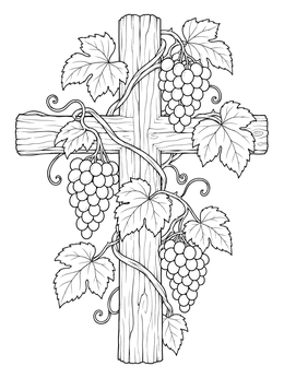 A rustic wooden cross coloring page wrapped in grapevines with ripe clusters and leaves.