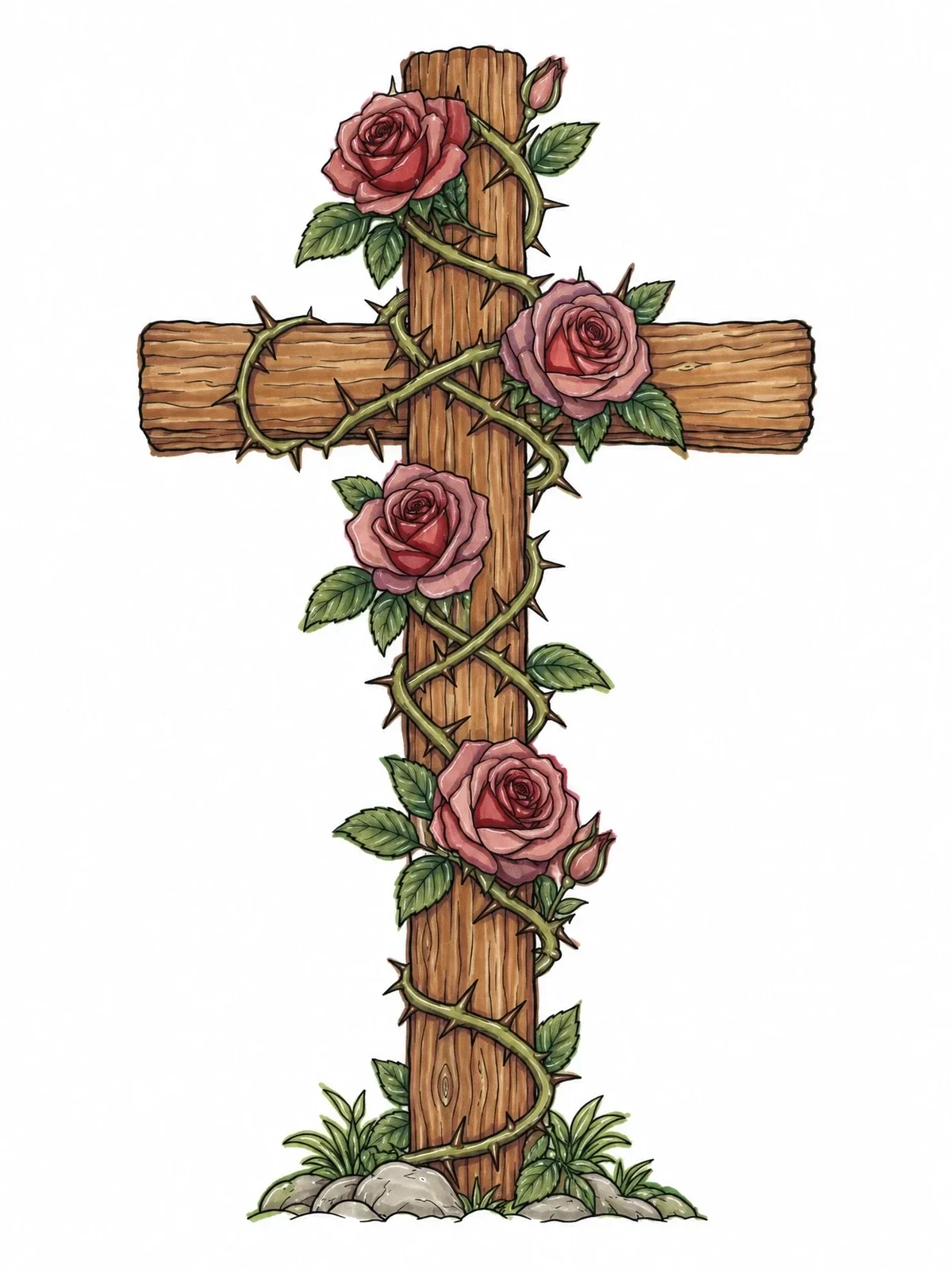 Colored example of the Wooden Cross Wrapped In Roses coloring page