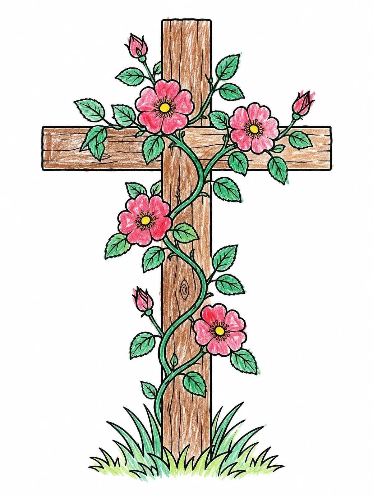 Colored example of the Wooden Cross Wrapped In Wild Roses coloring page