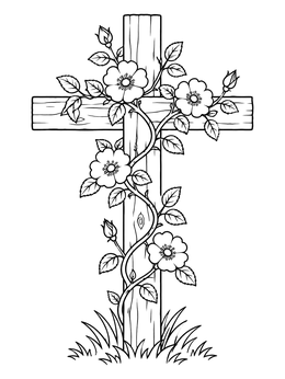 Free printable Wooden Cross Wrapped In Wild Roses coloring page