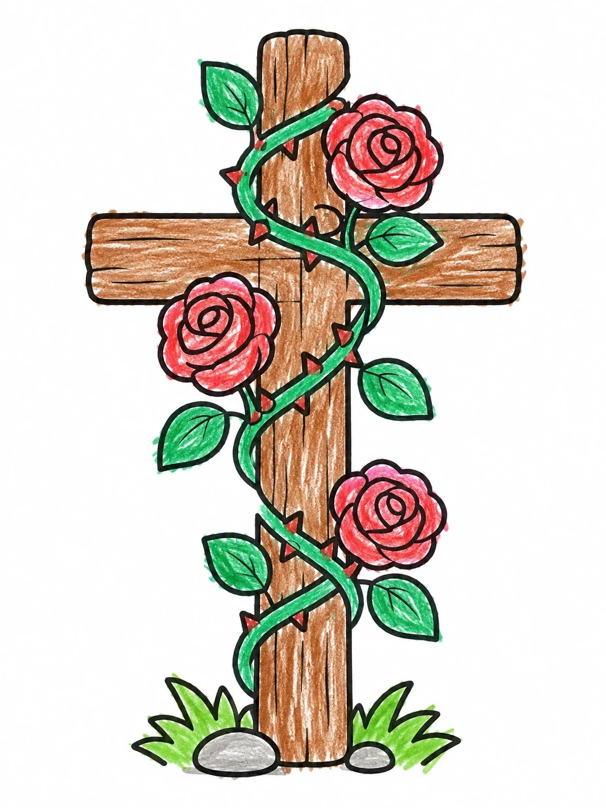 Colored example of the Wooden Cross Wrapped In Blooming Roses coloring page