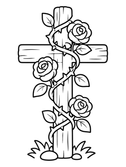 Free printable Wooden Cross Wrapped In Blooming Roses coloring page