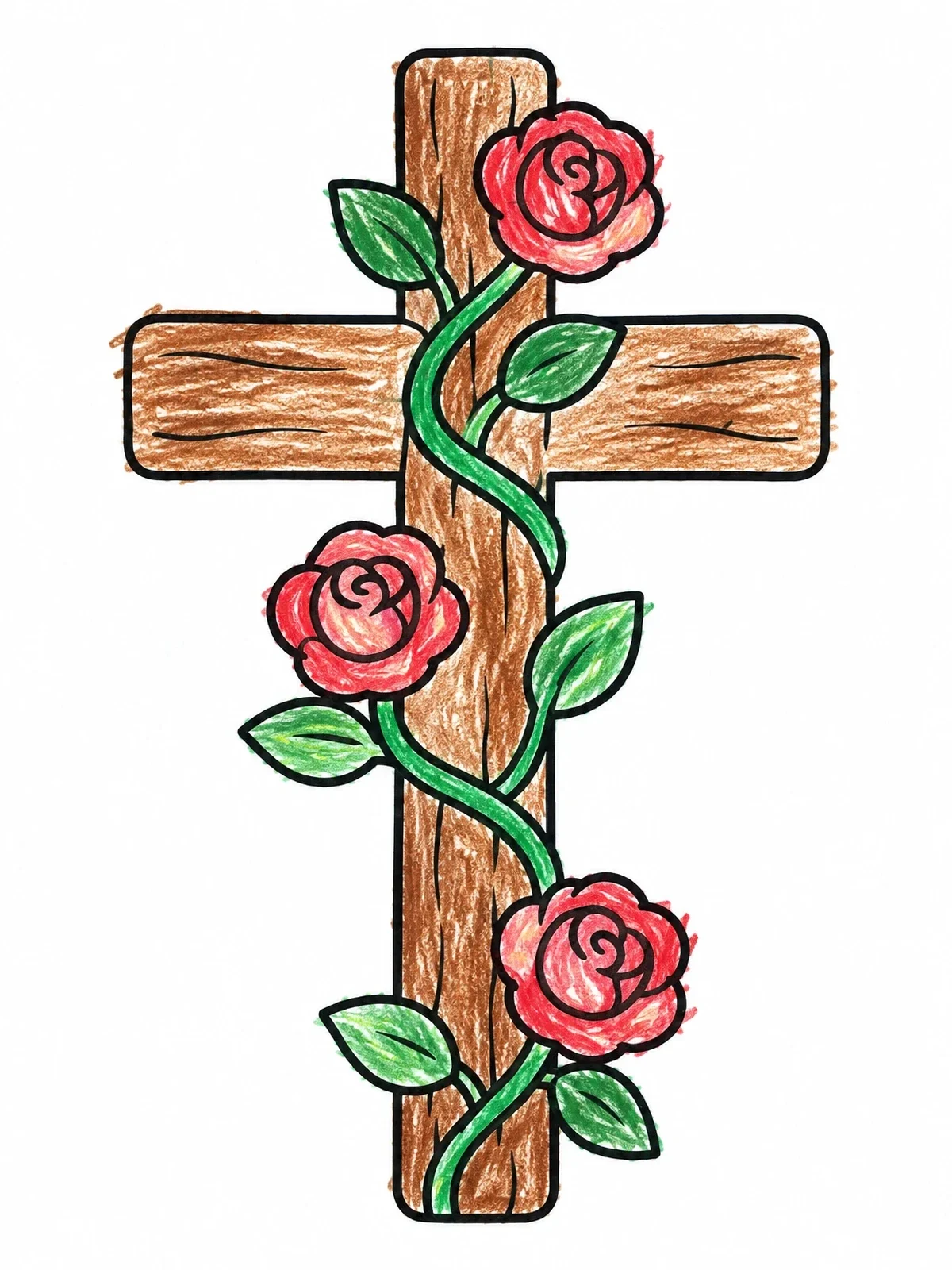 Colored example of the Wooden Cross Wrapped In Roses coloring page