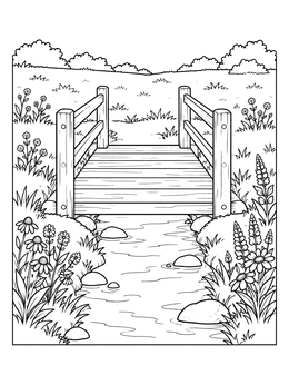 Free printable Wooden Footbridge Over Meadow Stream coloring page