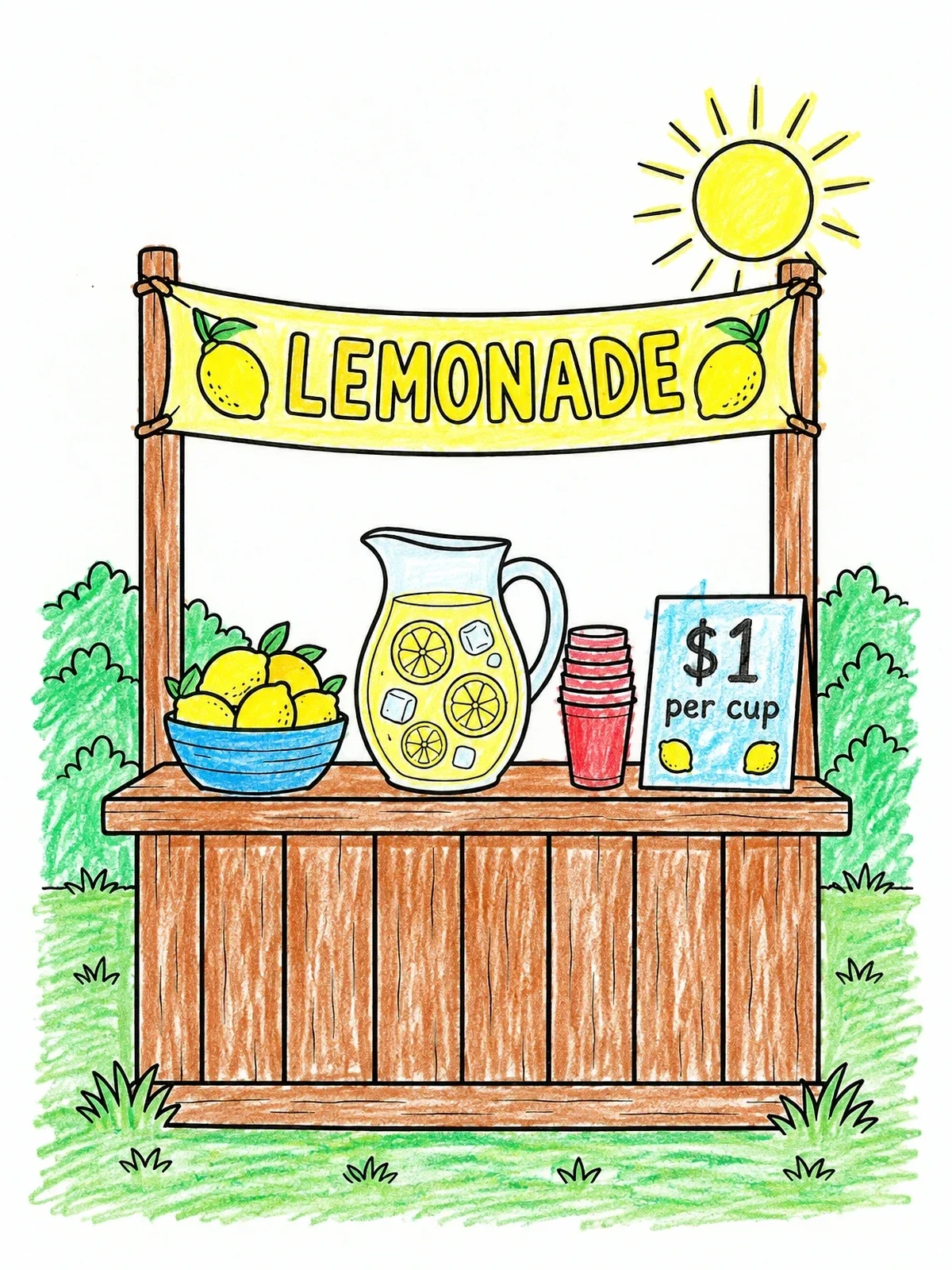 Colored example of the Sunny Wooden Lemonade Stand coloring page