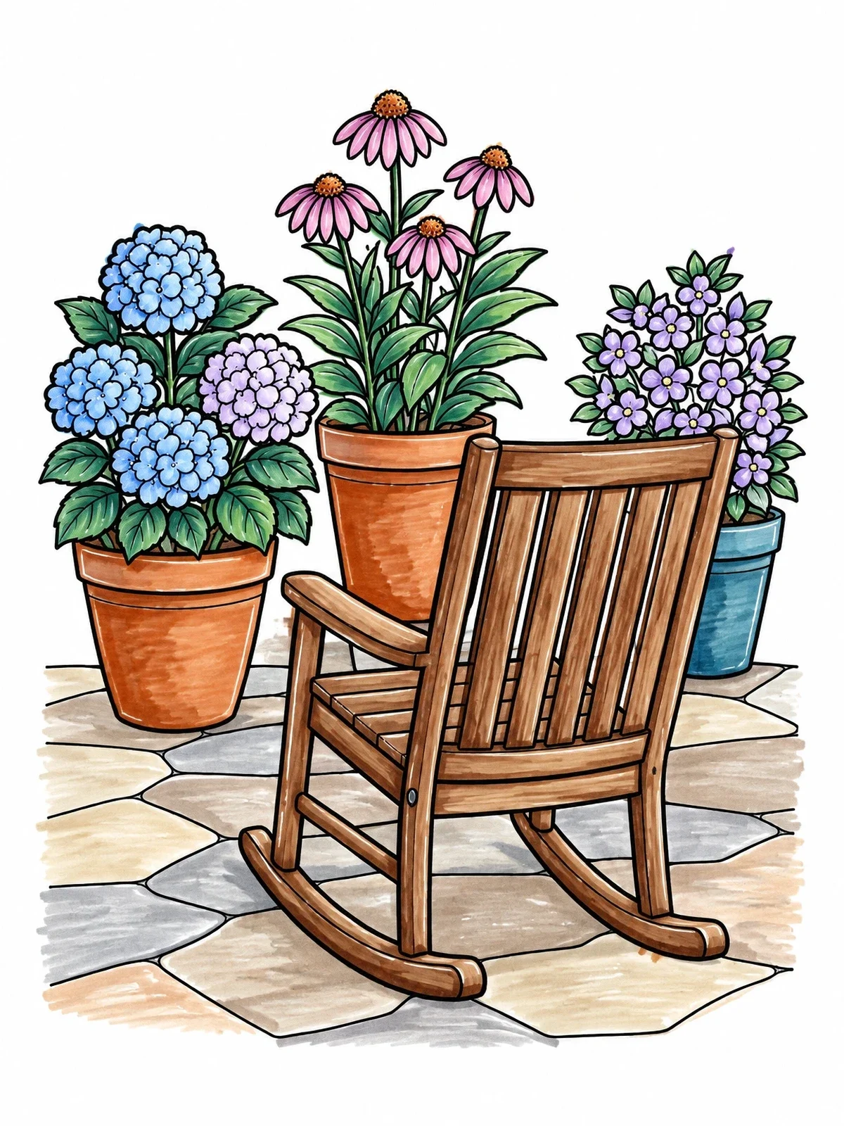 Colored example of the Rocking Chair On The Patio coloring page