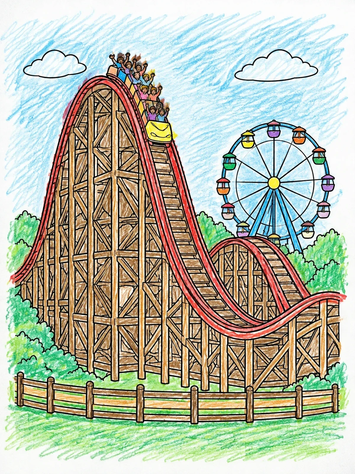 Colored example of the Wooden Roller Coaster And Ferris Wheel coloring page