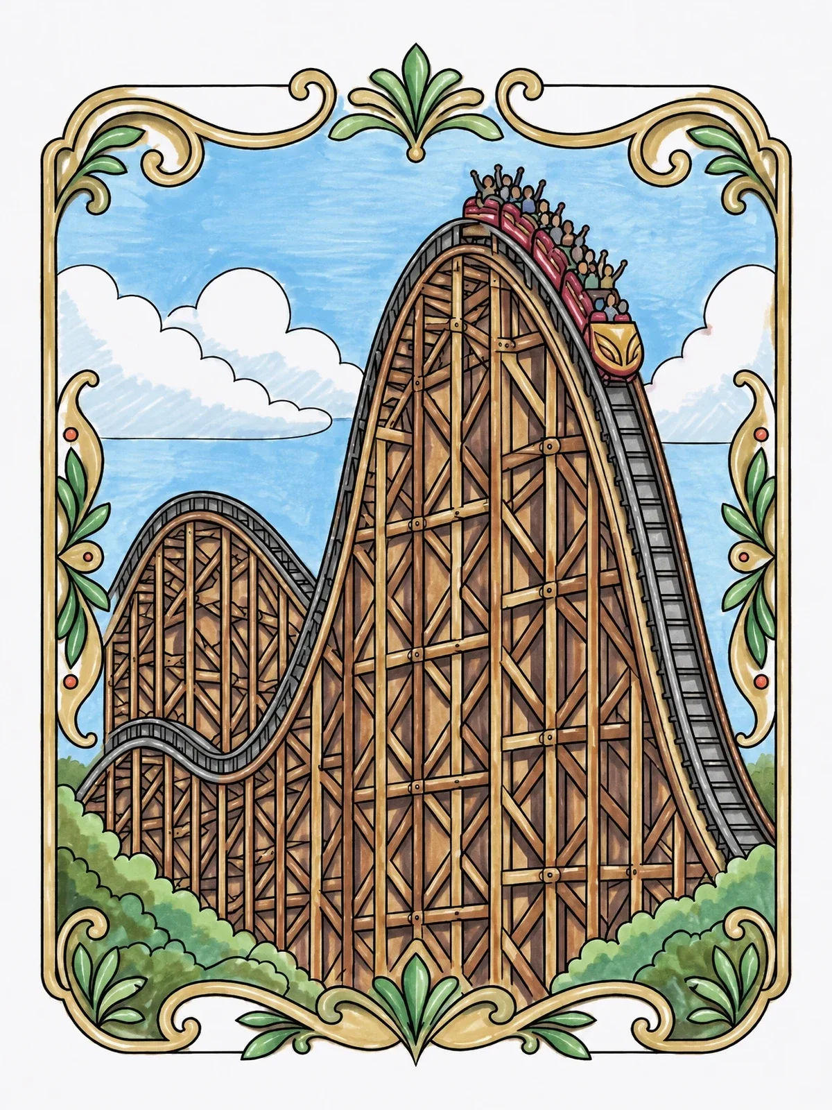 Colored example of the Vintage Wooden Roller Coaster Drop coloring page