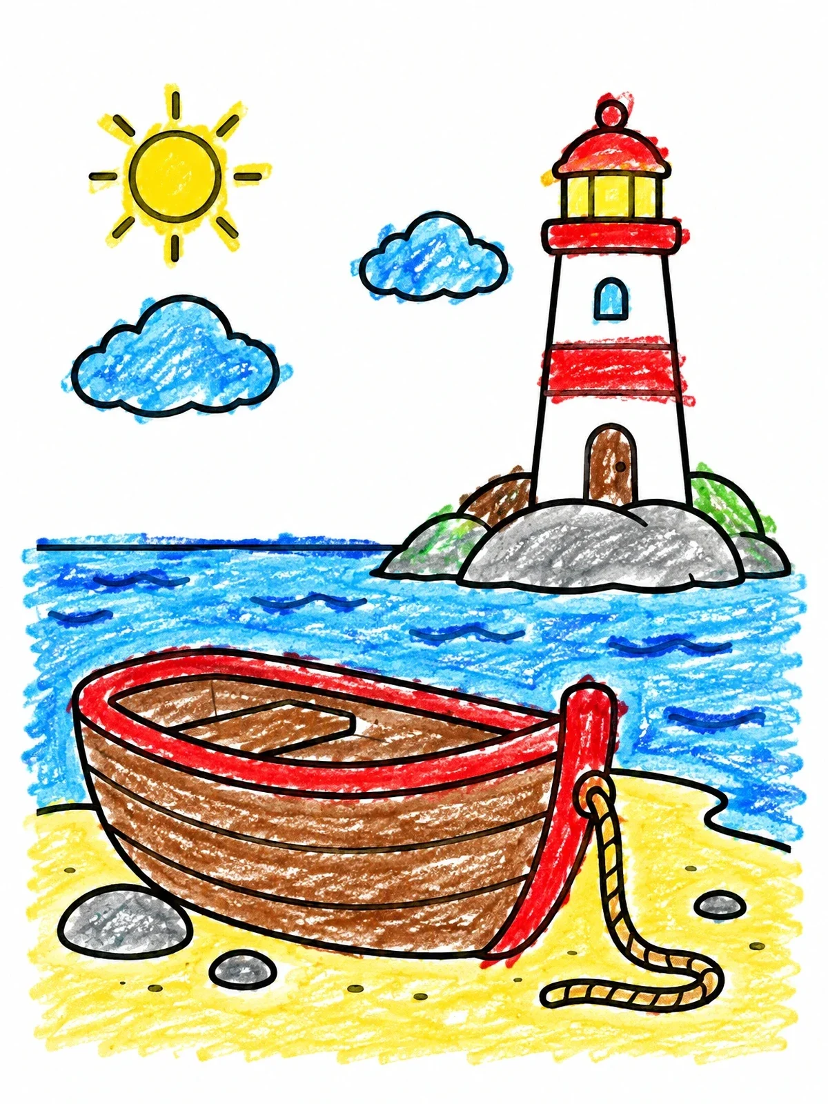 Colored example of the Rowboat Resting On Lighthouse Beach coloring page