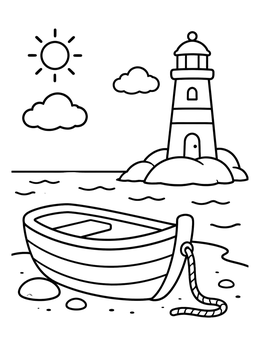 Free printable Rowboat Resting On Lighthouse Beach coloring page