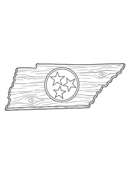 A rustic wooden tennessee coloring page featuring the state map and three-star emblem.