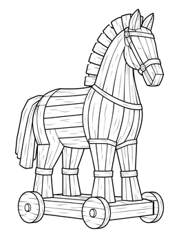 An ancient wooden trojan horse coloring page on a wheeled platform.