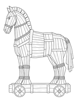 Detailed trojan horse coloring page featuring a large wooden structure mounted on a wheeled platform.