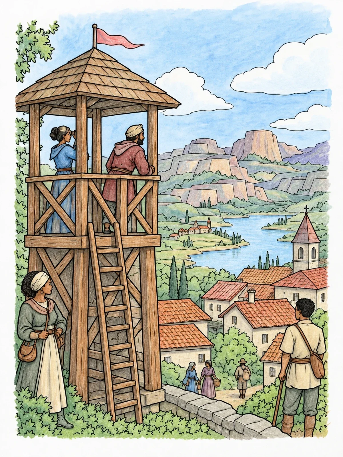 Colored example of the Village Watchtower Over Scenic Valley coloring page