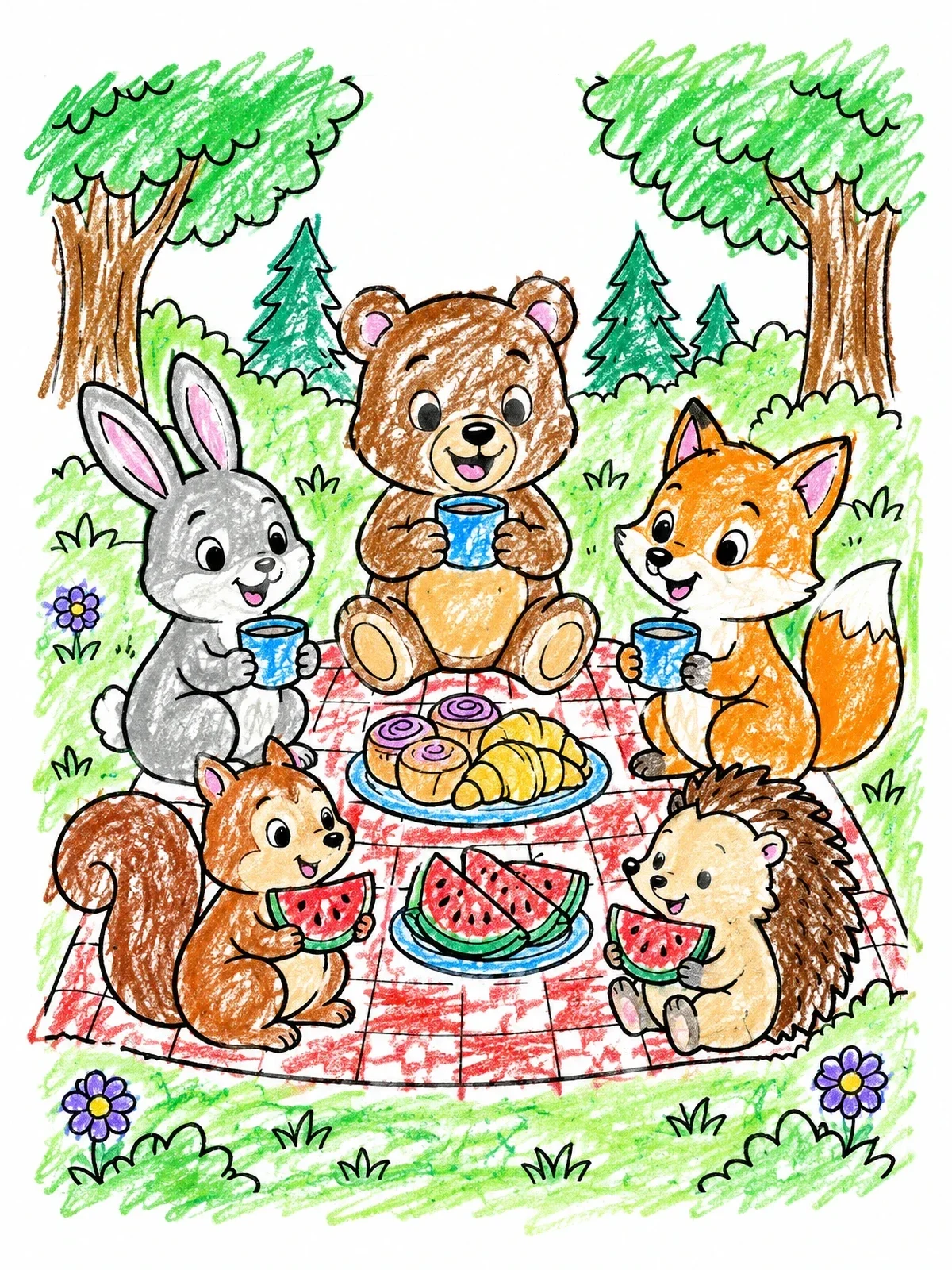 Colored example of the Woodland Animals Forest Picnic Party coloring page