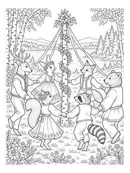 Forest animals dance around a birch tree in this festive may coloring page.