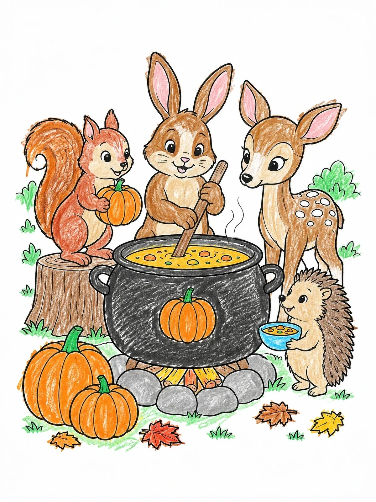 Colored example of the Woodland Animals Cooking Pumpkin Soup coloring page