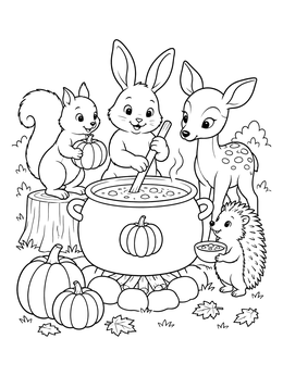 Forest animals gathered around a cauldron in this pumpkin soup coloring page.