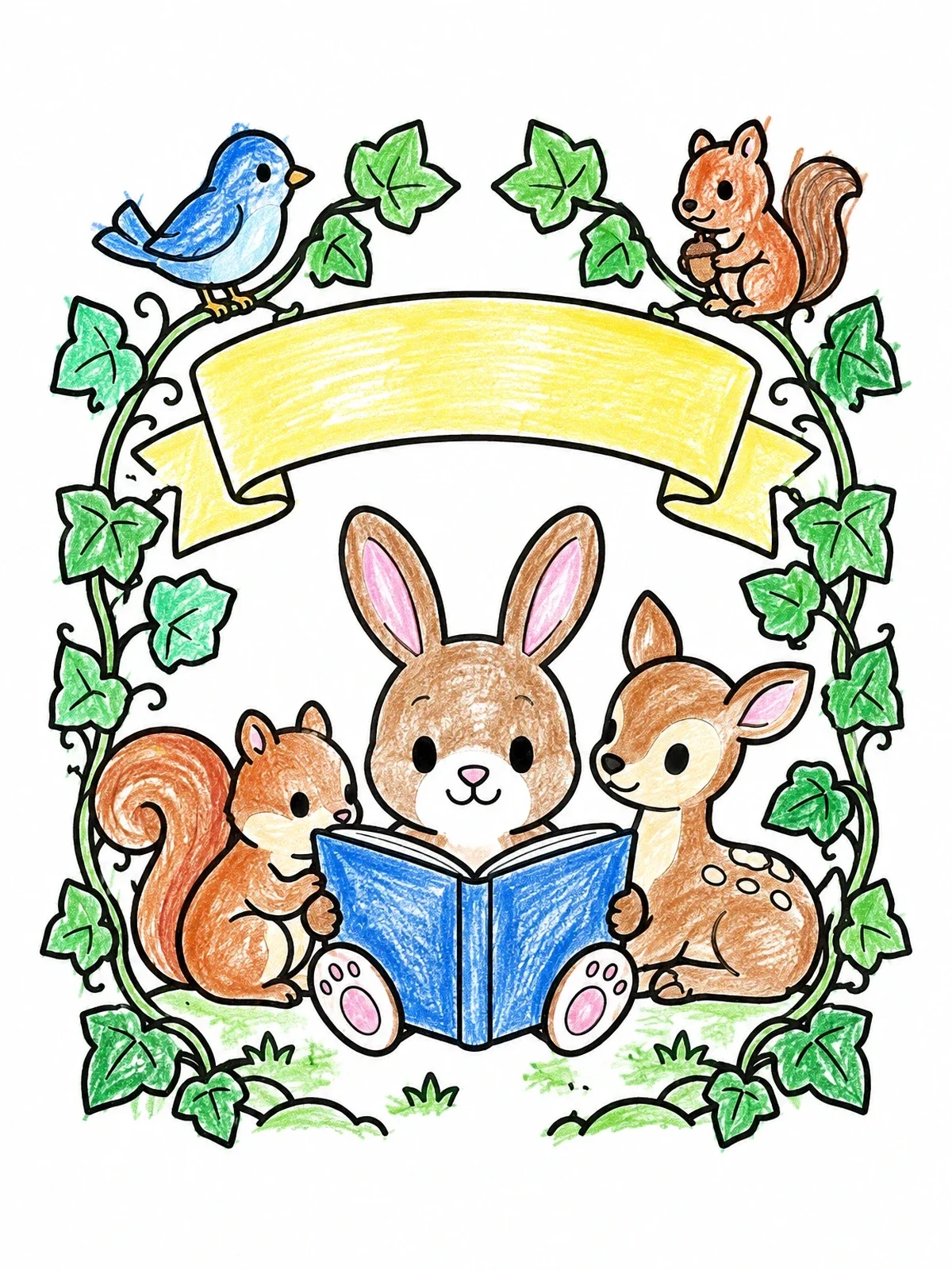 Colored example of the Woodland Animals Storybook Cover Frame coloring page