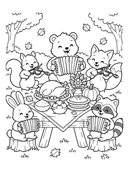 Forest friends play music at a feast in this thanksgiving music coloring page.